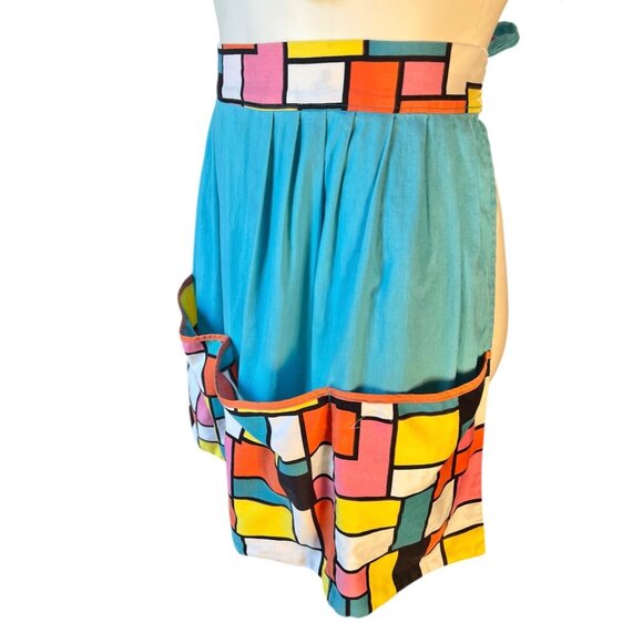 MCM Color Block Cotton Half Apron 4 Large Pockets VTG Turquoise Multicolor Gift - Picture 3 of 8